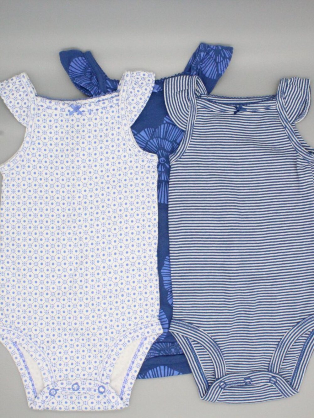 Carter's 6M Baby Girl 3pc Flutter Strap Bodysuit Bundle Blue Dot Stripe